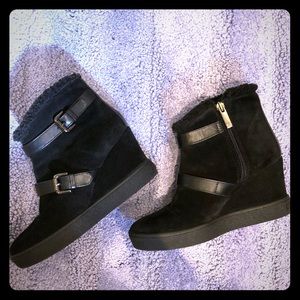 Aquatalia Black Suede Wedge Bootie, Size 5